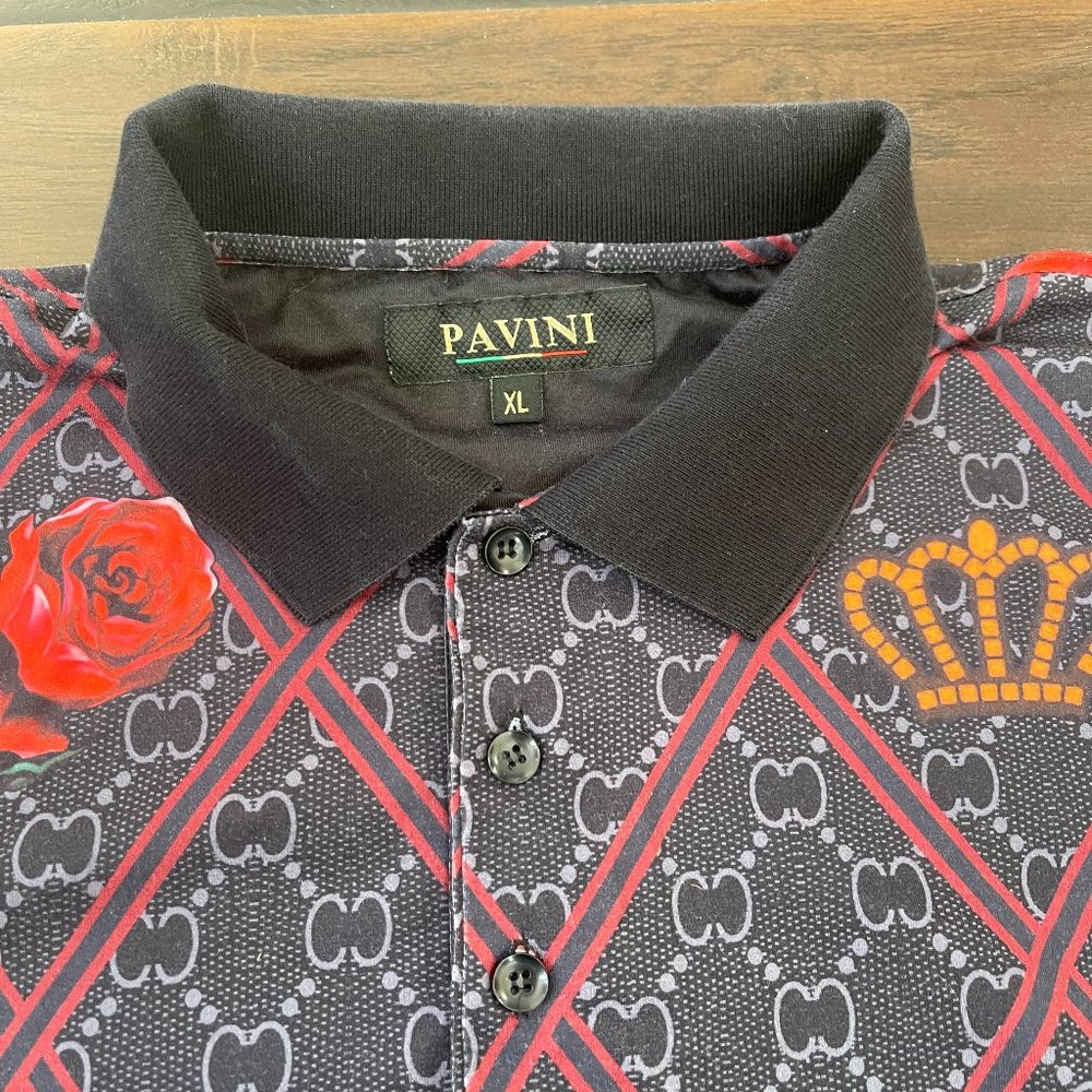 Pavini Men's Polo Shirt Black Short Sleeves Red Roses Crown Size XL - Picture 6 of 9